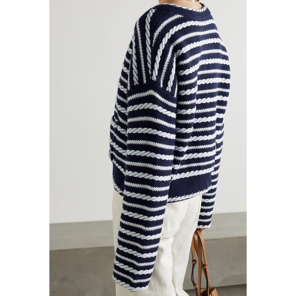 La Ligne Gabrielle Braided Wool Cardigan Navy White Striped M - Picture 2 of 7